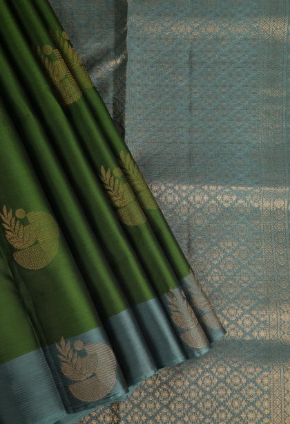 Juniper Green Soft Silk Saree with Gold Zari Floral Patterns