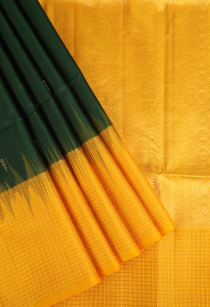 Pine Green Soft Silk Saree with Gold Zari Floral Puttas