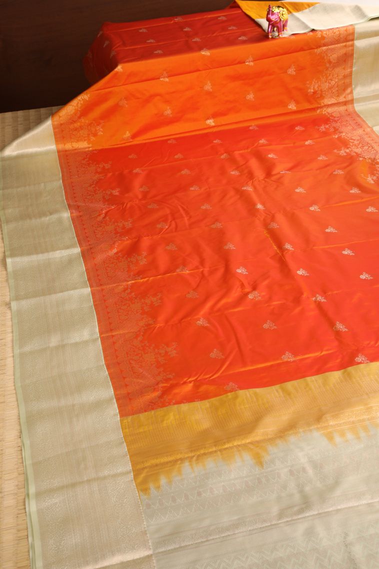 Fire Orange Apoorva Silk Sarees with Gold Zari Floral Puttas view 2
