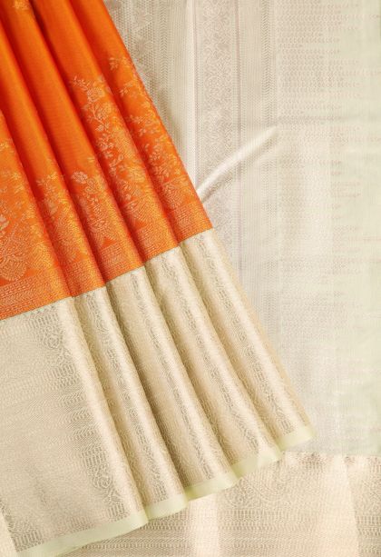 Fire Orange Apoorva Silk Sarees with Gold Zari Floral Puttas