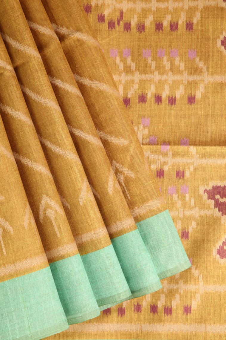 Biscotti Yellow Semi Tussar Silk with Without Zari Zari Cross Straipes view 1