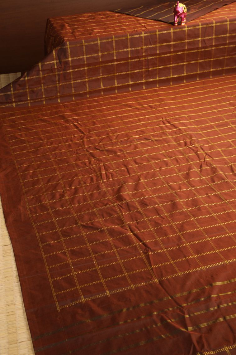 Tawny Brown Soft Silk Saree with Gold Zari Checks view 2