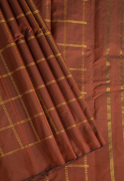 Tawny Brown Soft Silk Saree with Gold Zari Checks