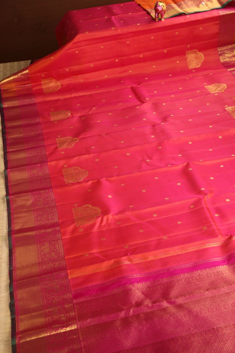 Strawberry Pink Kanchipuram Silk Sarees with Gold Zari Floral Patterns view 2