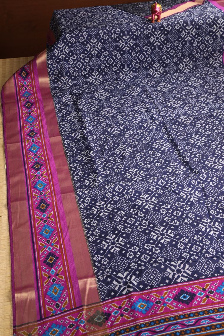 Berry Blue Semi Tussar Silk with Gold Zari Pochamballi Pattern view 2