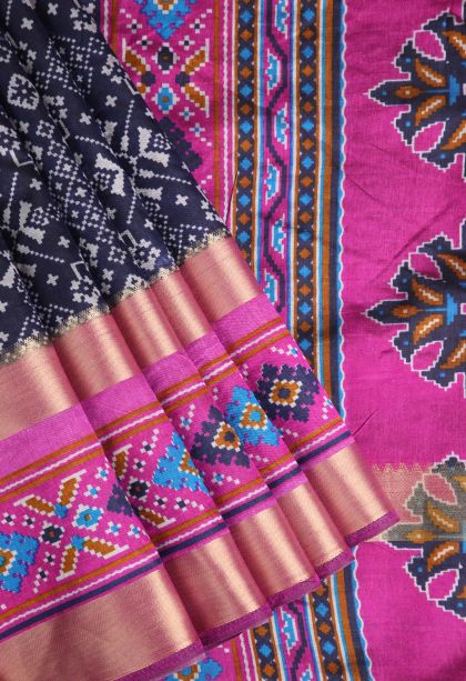 Berry Blue Semi Tussar Silk with Gold Zari Pochamballi Pattern