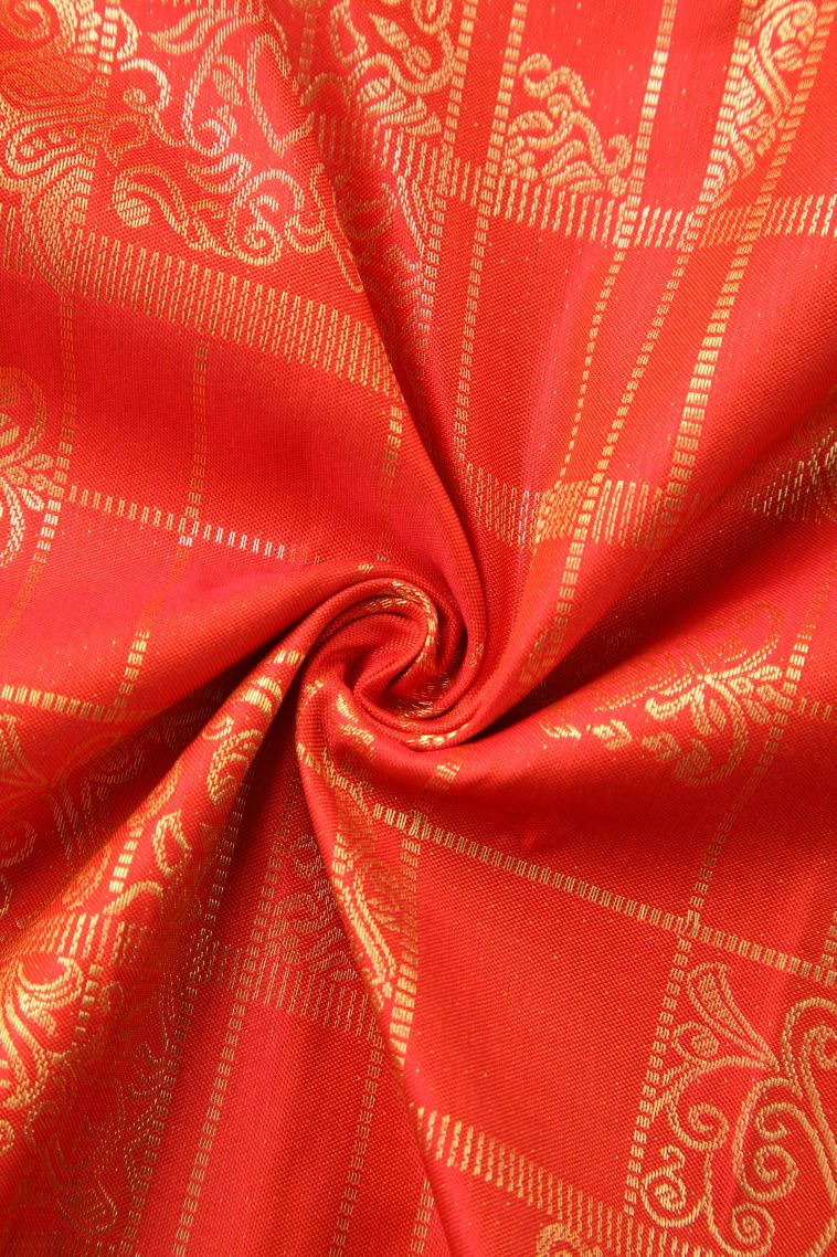 Candy Red Apoorva Silk Sarees with Gold Zari Checks And Puttas view 4