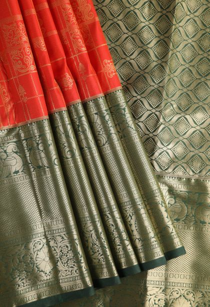 Candy Red Apoorva Silk Sarees with Gold Zari Checks And Puttas