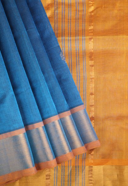 Cerulean Blue Silk Cotton with Gold Zari Buttis (small Dots Or Motifs)