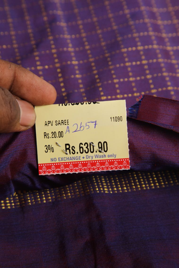 Bosenberry Purple Soft Silk Saree with Gold Zari Checks view 3