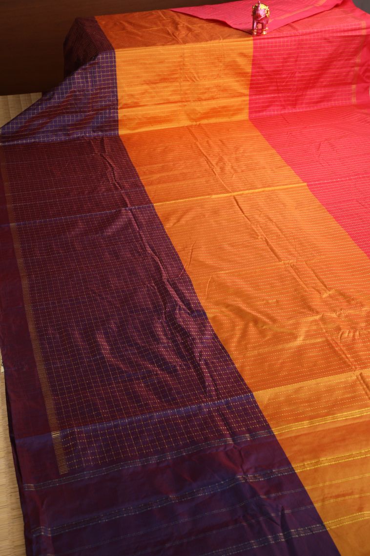 Bosenberry Purple Soft Silk Saree with Gold Zari Checks view 2