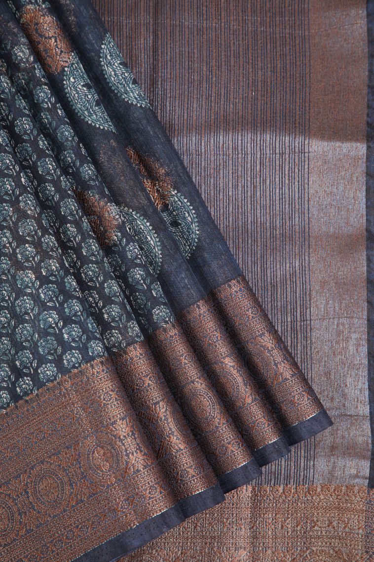 Indigo Blue Jute Sarees with Antic Zari Floral Patterns