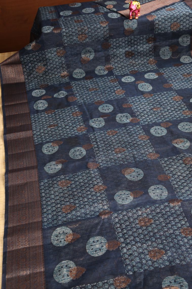 Indigo Blue Jute Sarees with Antic Zari Floral Patterns view 2