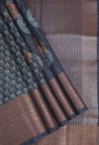 Indigo Blue Jute Sarees with Antic Zari Floral Patterns