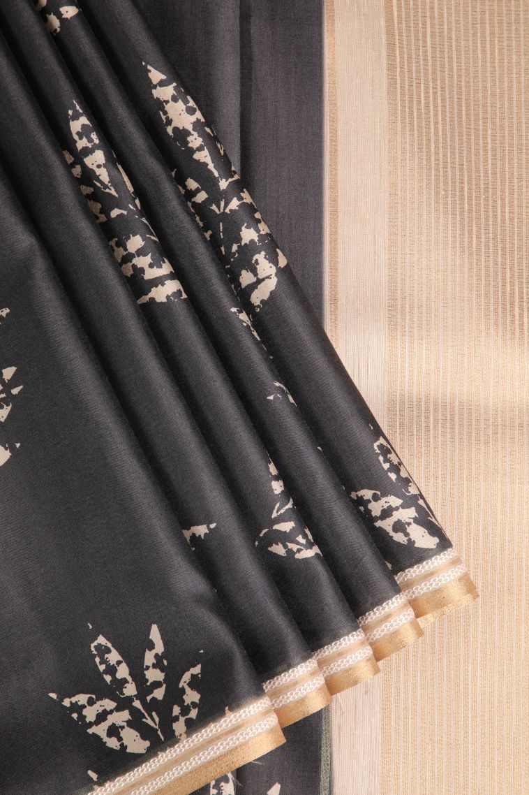 Asphalt Black Semi Tussar Silk with Gold Zari Leaf Pattern view 1