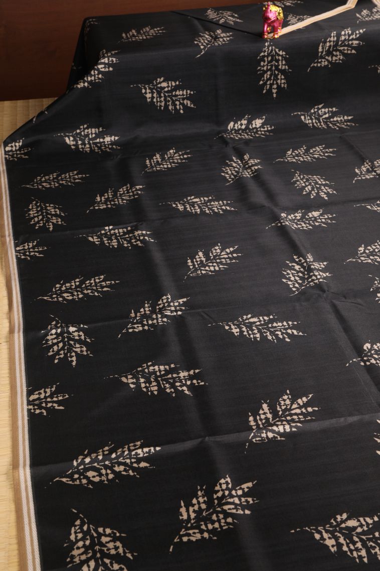 Asphalt Black Semi Tussar Silk with Gold Zari Leaf Pattern view 2