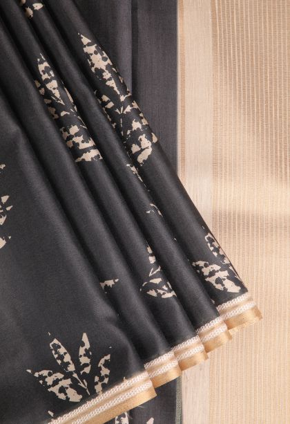Asphalt Black Semi Tussar Silk with Gold Zari Leaf Pattern