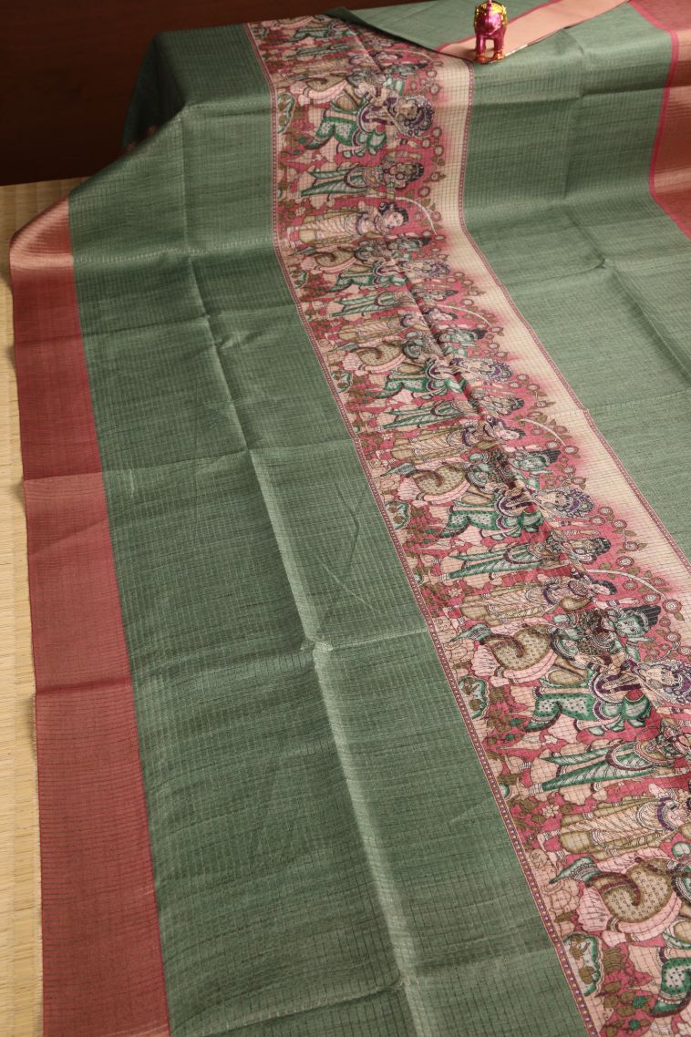 Sage Green Semi Tussar Silk with Gold Zari Story Telling view 2