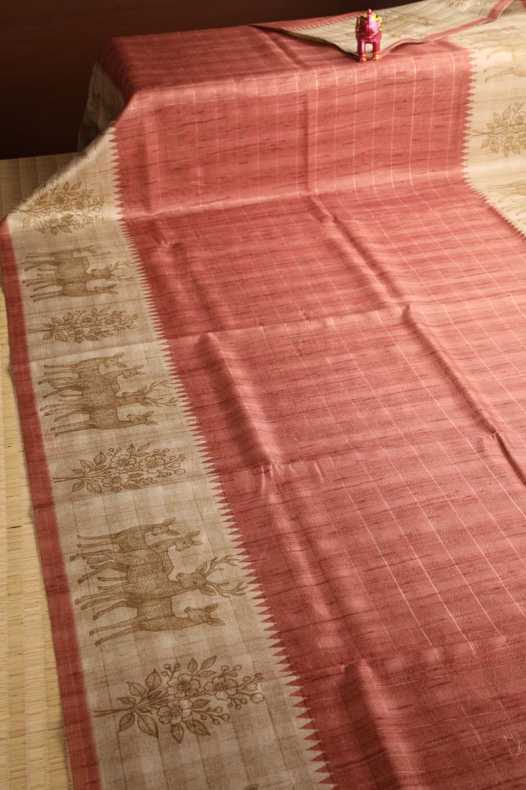 Ginger Orange Jute Sarees with Silver Zari Checks view 2