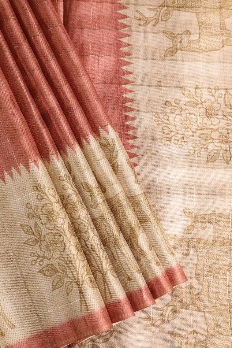 Ginger Orange Jute Sarees with Silver Zari Checks view 1