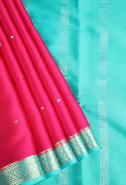 Magenta  Pink Mysore Silk with Gold Zari Buttis (small Dots Or Motifs)