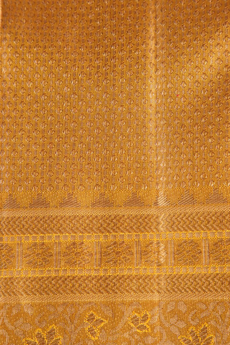 Sepia Yellow Kanchipuram Silk Sarees with Gold Zari Floral Patterns view 3