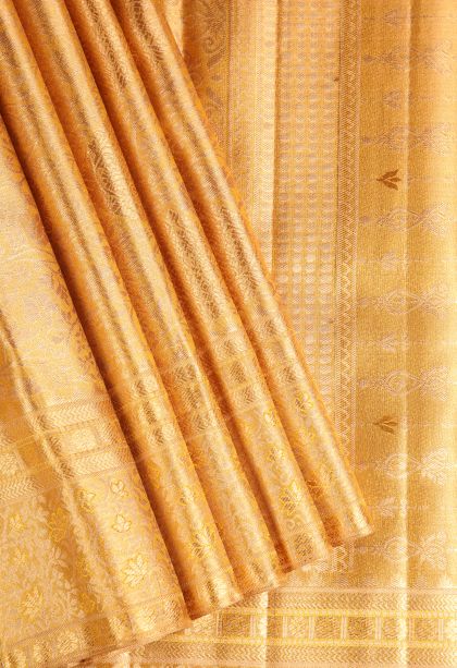 Sepia Yellow Kanchipuram Silk Sarees with Gold Zari Floral Patterns
