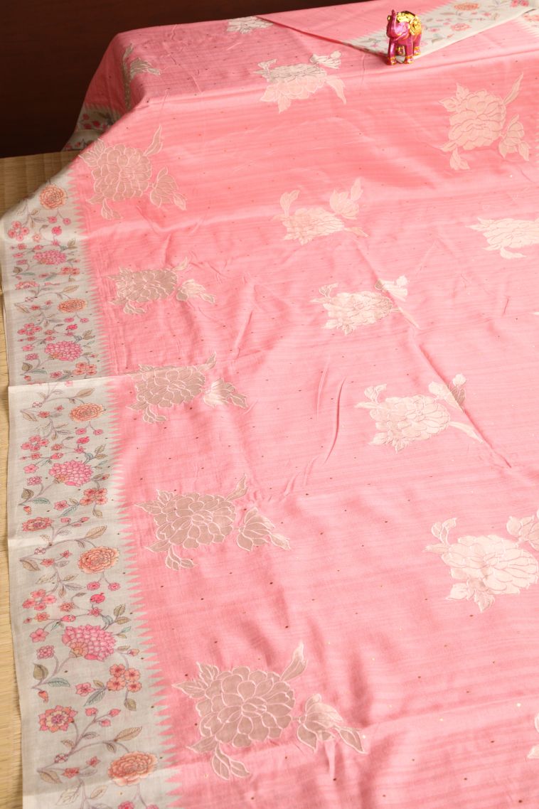 Rose Pink Tussar Saree with Without Zari Zari Floral Puttas view 2