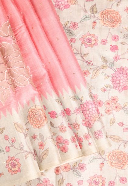Rose Pink Tussar Saree with Without Zari Zari Floral Puttas