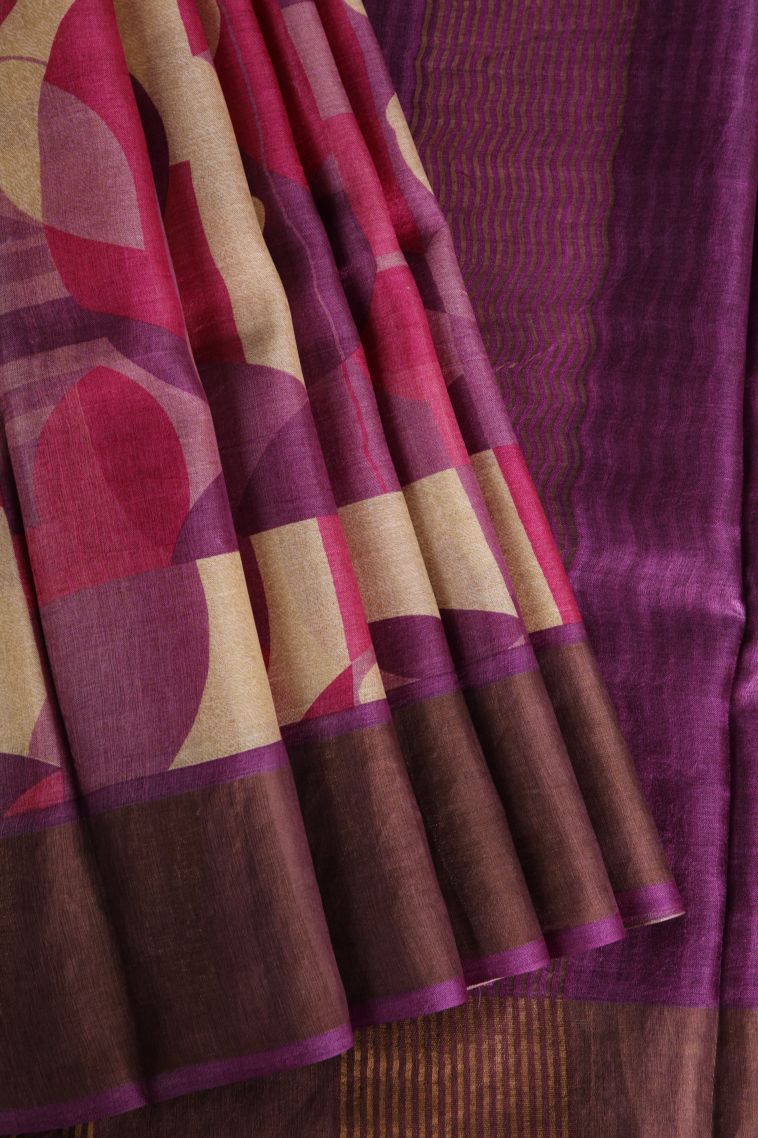 Mauve Purple Tussar Saree with Gold Zari Geometric Shapes view 1