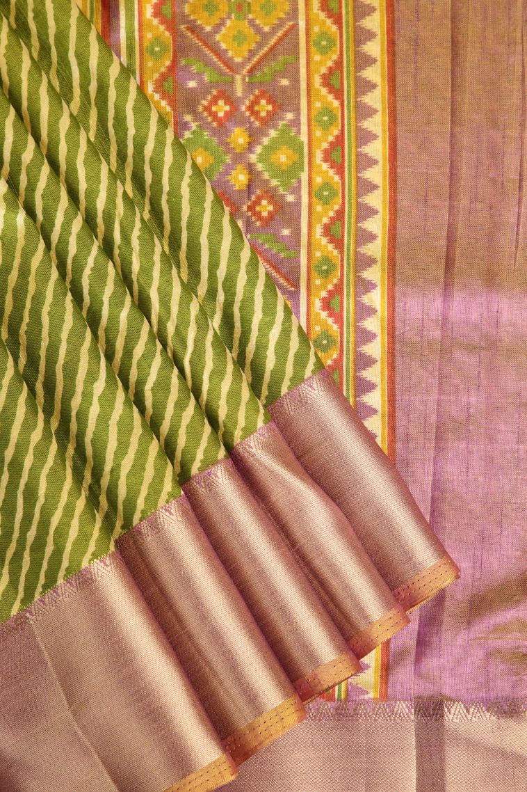 Pickle Green Semi Tussar Silk with Gold Zari Geometric Shapes view 1