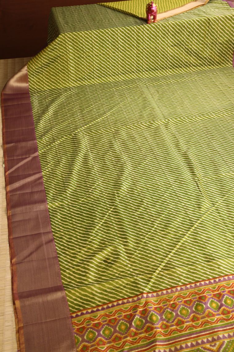 Pickle Green Semi Tussar Silk with Gold Zari Geometric Shapes view 2
