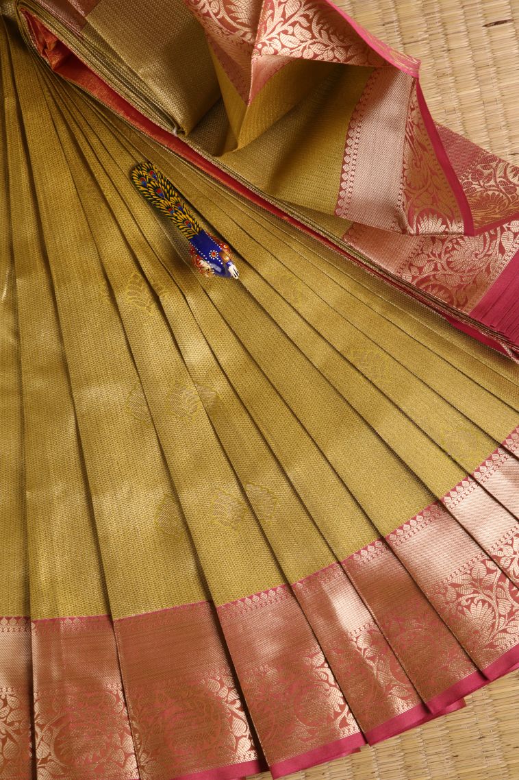 Biscotti Yellow Visiri Madippu Silk Sarees with Gold Zari Floral Patterns view 1