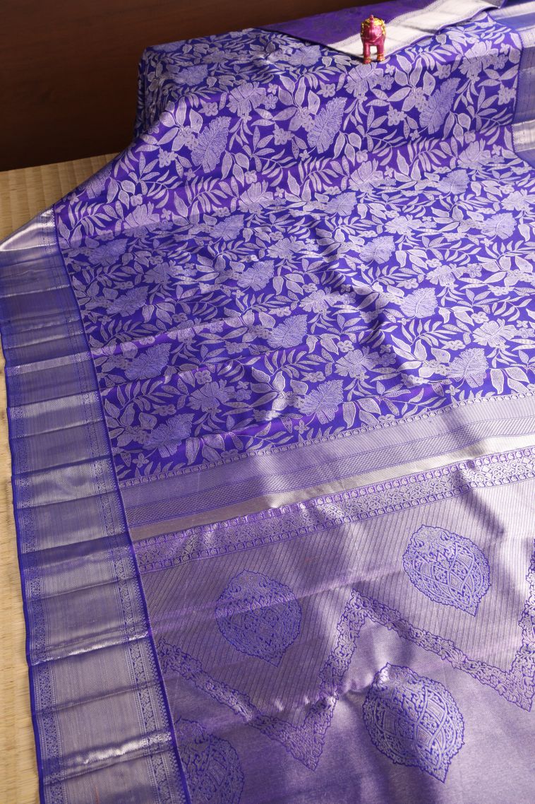 Viola Purple Kanchipuram Silk Sarees with Silver Zari Floral Patterns view 2
