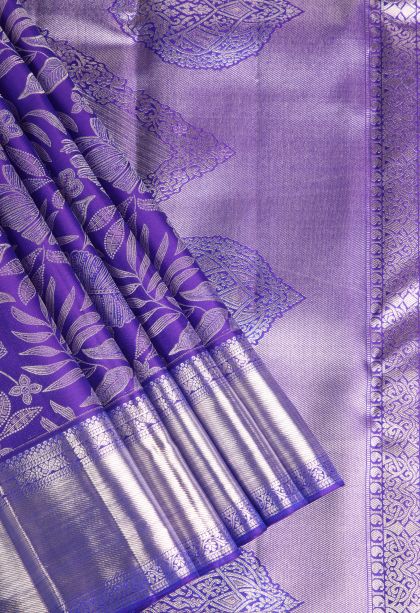 Viola Purple Kanchipuram Silk Sarees with Silver Zari Floral Patterns