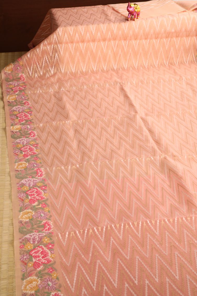 Flamingo Pink Organza Saree with Multy Colour Zari Geometric Shapes view 2