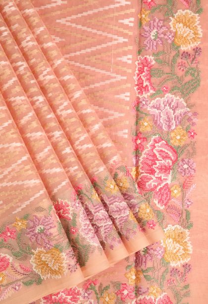 Flamingo Pink Organza Saree with Multy Colour Zari Geometric Shapes