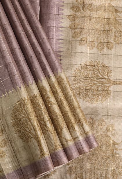Periwinkle Purple Jute Sarees with Silver Zari Checks