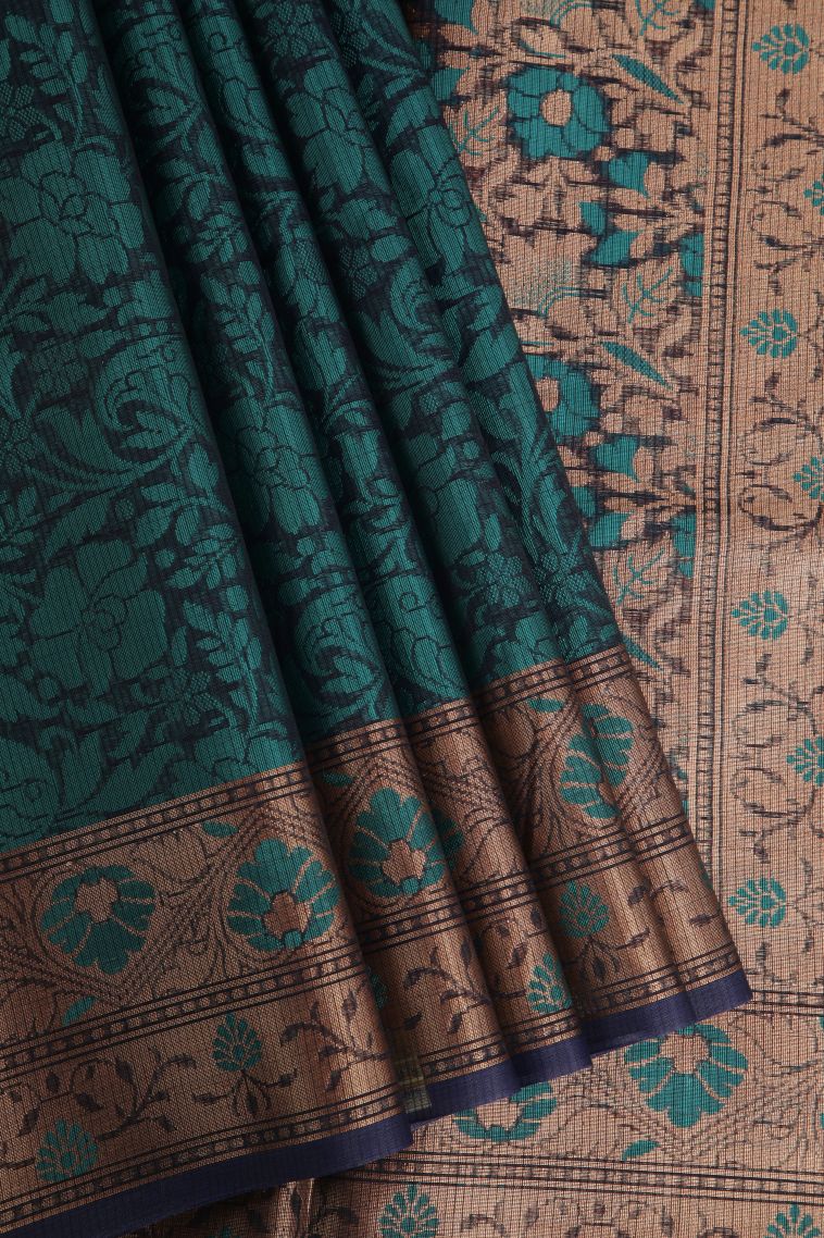 Navy Blue Organza Saree with Gold Zari Floral Patterns view 1