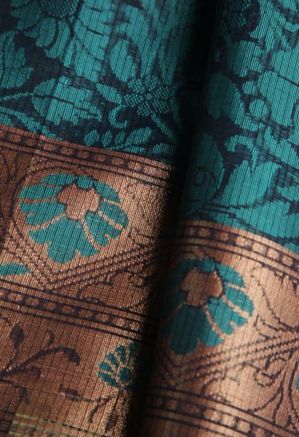 Navy Blue Organza Saree with Gold Zari Floral Patterns