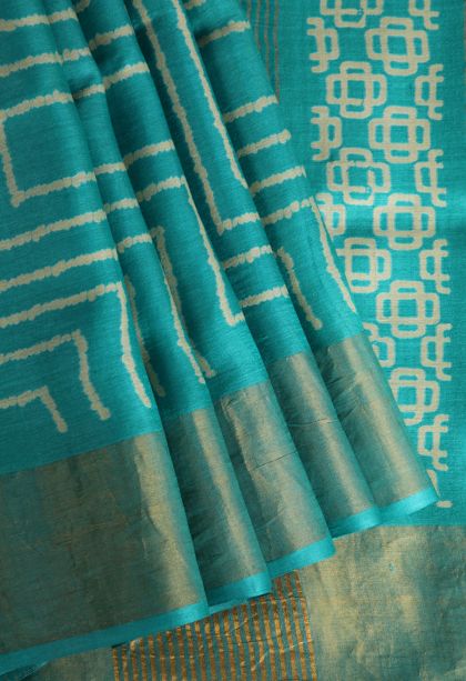 Sapphire Blue Tussar Saree with Gold Zari Geometric Shapes