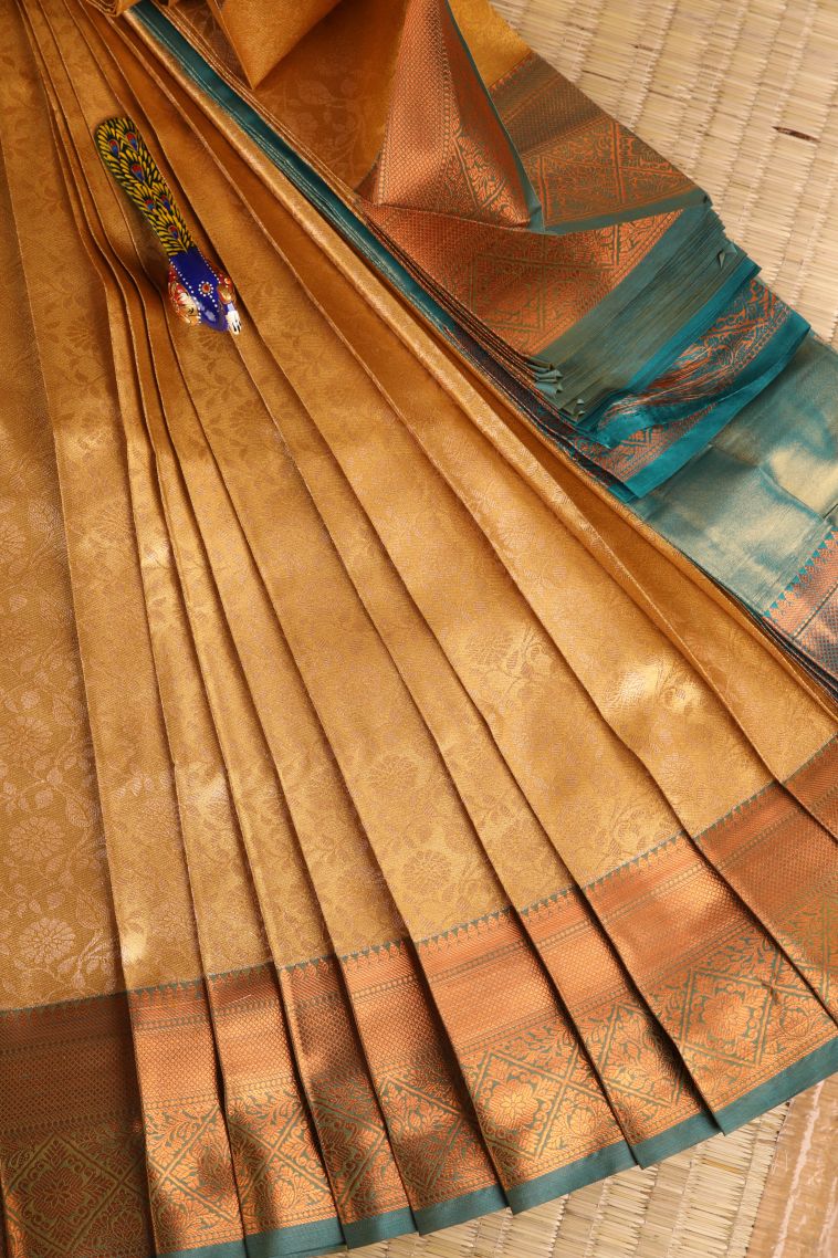 Gold Visiri Madippu Silk Sarees with Copper Zari Floral Patterns view 1