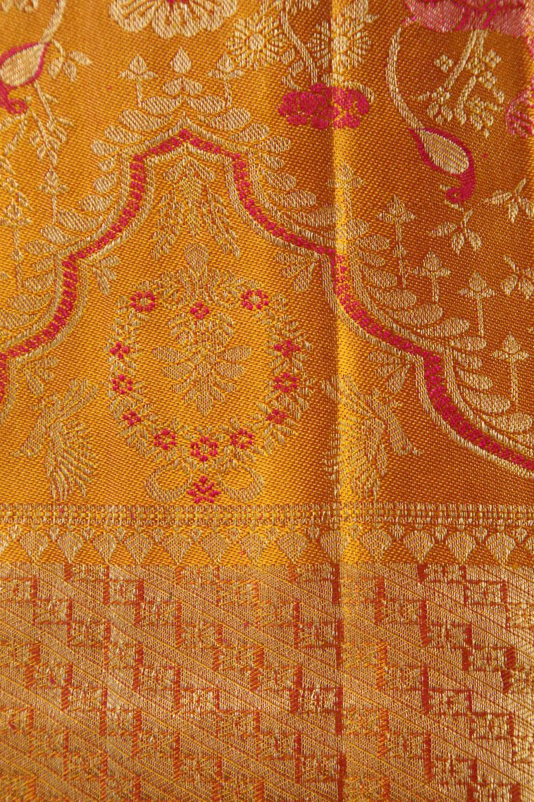 Rose  Red Kanchipuram Silk Sarees with Gold Zari Floral Patterns view 3