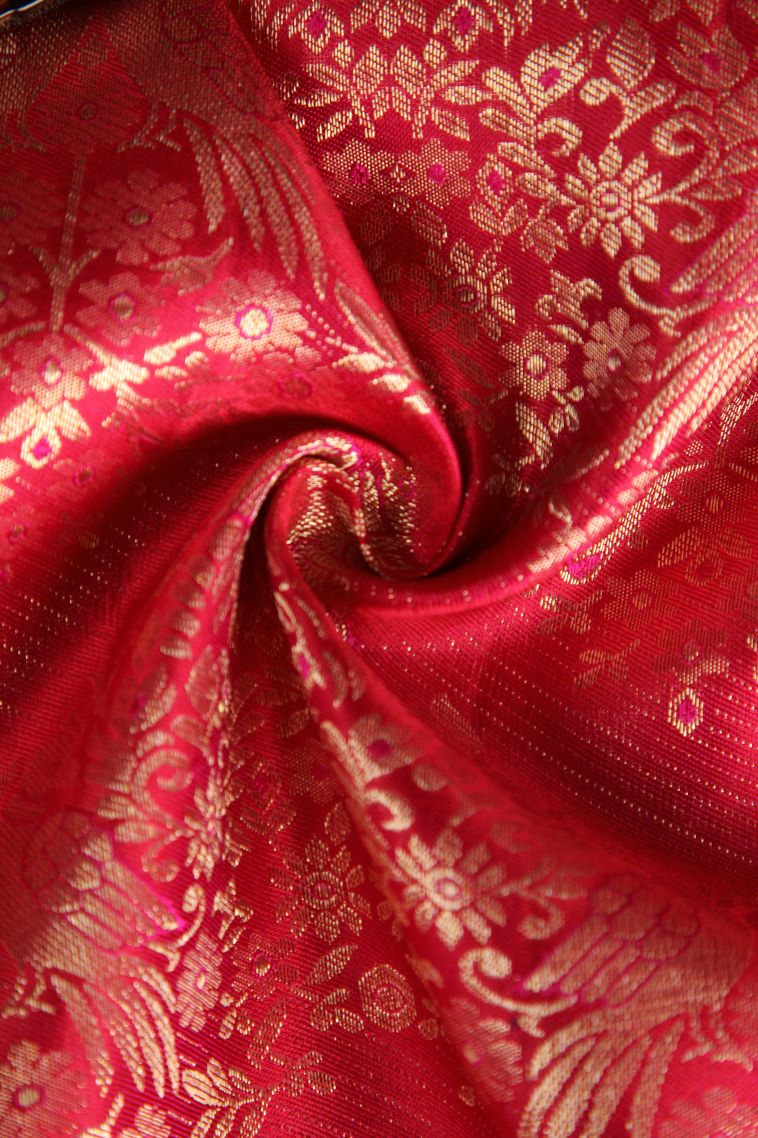 Rose  Red Kanchipuram Silk Sarees with Gold Zari Floral Patterns view 4