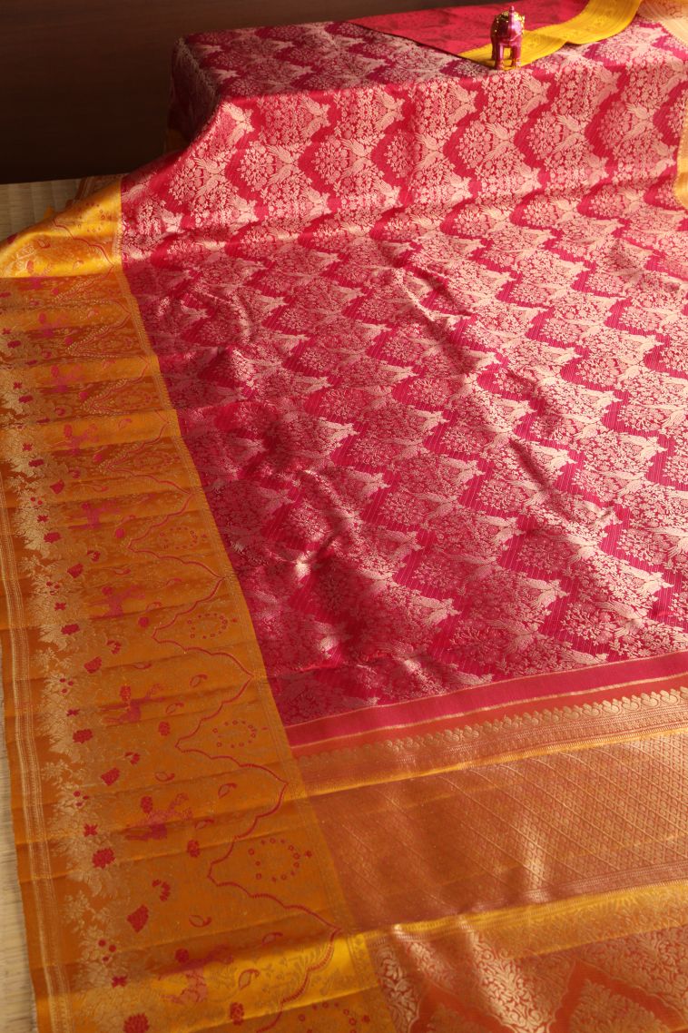 Rose  Red Kanchipuram Silk Sarees with Gold Zari Floral Patterns view 2