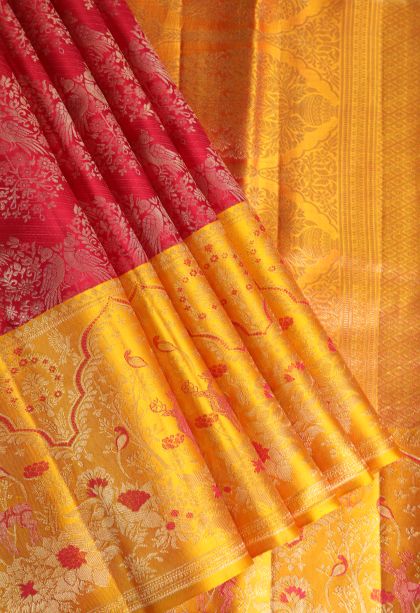 Rose  Red Kanchipuram Silk Sarees with Gold Zari Floral Patterns