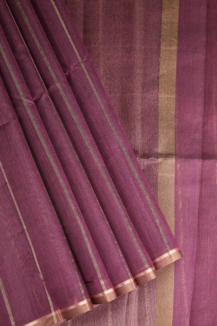 Bosenberry Purple Semi Tussar Silk with Gold Zari Stripes view 1