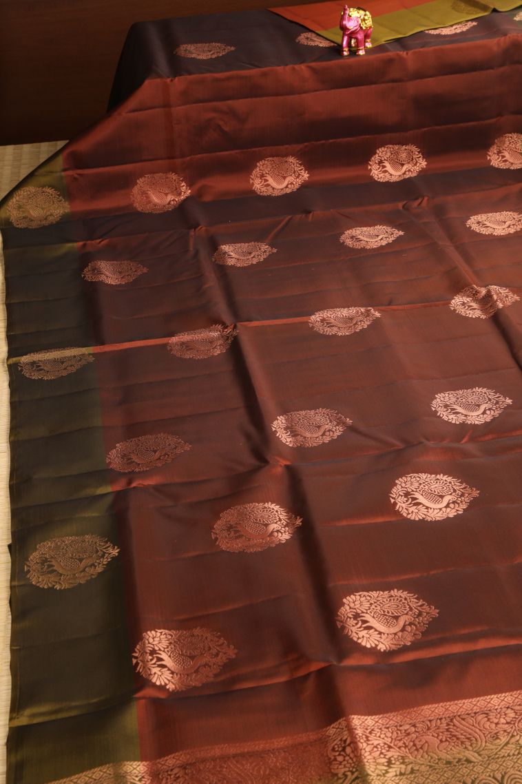 Mahome Red Soft Silk Saree with Copper Zari Peacock Motifs view 2