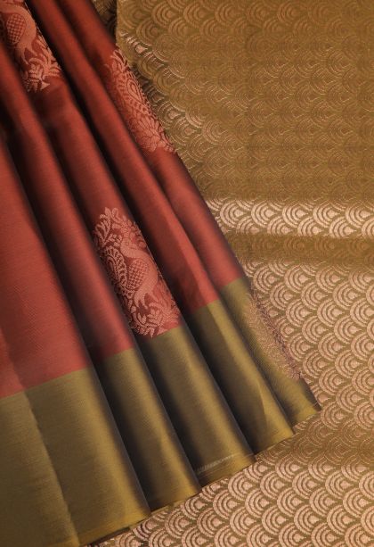 Mahome Red Soft Silk Saree with Copper Zari Peacock Motifs