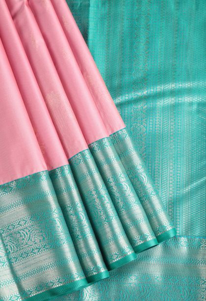 Lemonade Pink Apoorva Silk Sarees with Copper Zari Floral Puttas